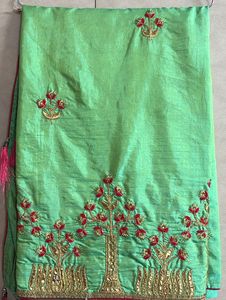 Green And Red Embroidered Tissue Saree