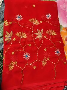 Red Embroidery Work Saree