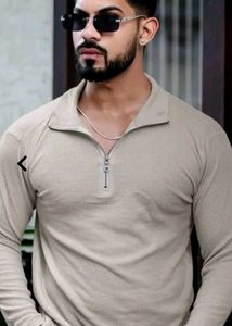 Beige Color Polo neck Patterned Tshirt With Zipper
