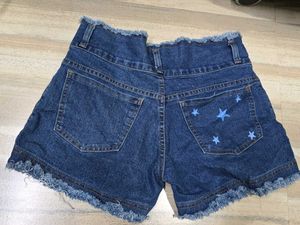 Denim Star Print Frayed Shorts