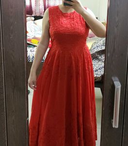 Red Embroidered A-Line Dress