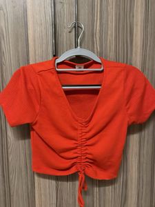 Orange Ribbed Tie-Front Crop Top