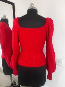 Red Knit Square Neck Top