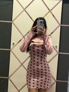 Pink Patterned Ribbed Mini Dress