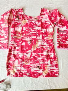 Pink Printed Bell Sleeve Short Kurti