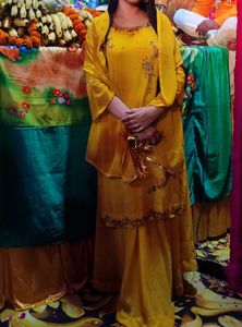 designer yellow suit set kurti flared skirt