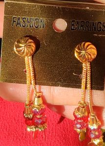 Gold and Red Dangle Earrings