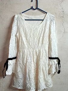 Trendy Ladies Lace Top Layered Light Cream Flared