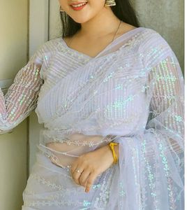 White Net Sequins Saree With Unstitched Blouse
