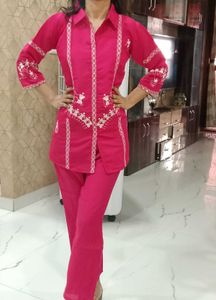 Fuschia Embroidered Short Premium Coord Set