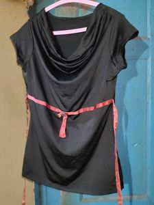 Black Cowl Neck Top with Ribbon Detail