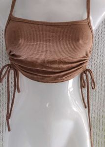 VICTORIA Brown Ribbed Tie-Side Crop Top