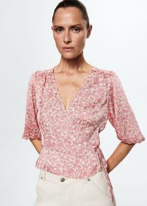 MANGO Cream-Coloured &amp; Pink Floral Print Wrap Top
