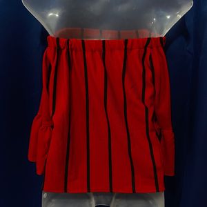 Red &amp; Black Off-Shoulder Crop Top With Bell Sleeve