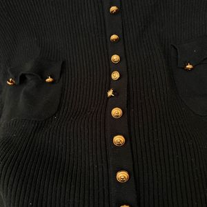Black Ribbed Knit Top with Gold Versace Buttons
