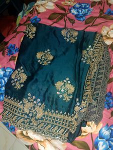 Elegant Teal &amp; Gold Embroidered Saree