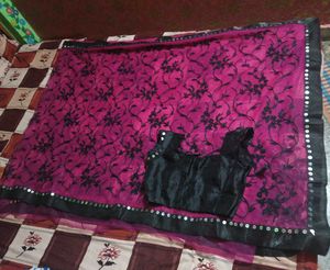 Pink &amp; Black Embellished Saree with Blouse
