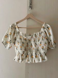 Floral Print Puff Sleeves Cinched Waist Crop Top