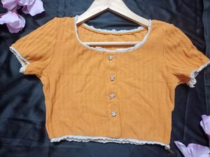 Musturd Ribbed Crop Top with Button Details