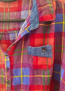 Red Plaid Denim Trim Top