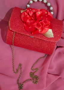 Red Glitter Floral Clutch with Pearl Handle