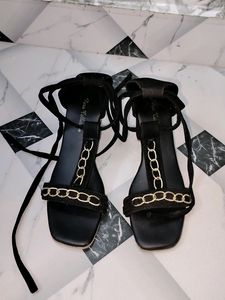 Black Chain Detail Lace-Up Sandals