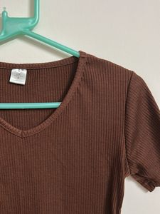 Brown Ribbed Crop Top