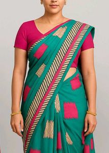 Green Printed Saree with Pink Accents