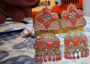 Emerald Green And Pink Jhumka Earrings