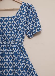 Blue Plus Print Tie Back Dress