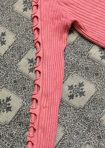 Pink Ribbed V-Neck Top