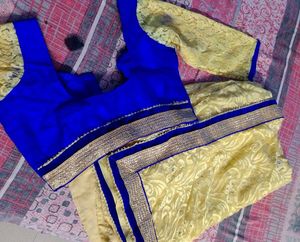 Stylish Blue &amp; Golden Saree And Blouse