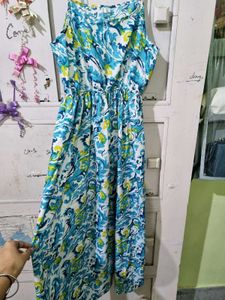 Sky Blue And Green Floral Print Dress