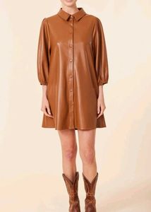 Chic Brown Faux Leather Shirt Dress