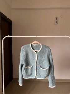 Powder Blue Wool Blend Boucle Cardigan
