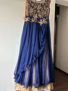 Elegant Navy Blue Embroidered Gown Golden And Roya