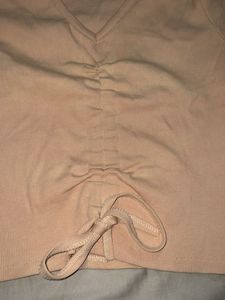 Peach Ribbed V-Neck Drawstring Top