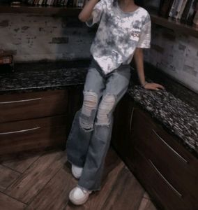 Blue Ribbed Wide Leg Jeans