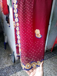 Maroon &amp; Gold Embroidered Saree
