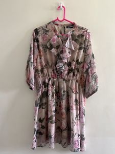 Grey And Green Foral Print Pink Dress