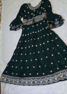 Green Long Frock Gown Type White Work