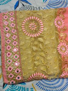 Elegant Peach &amp; Gold Indian Saree New Without Tag