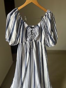 Blue Stripe Ruched Maxi With  Lace Cutwork Details