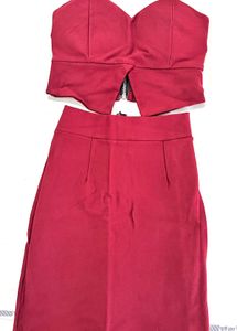 Stylish Maroon Two-Piece Outfit – Crop Top &amp; Skirt