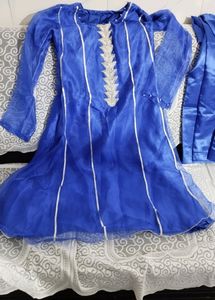 Organza Royal Blue Frock With Pajama And Dupatta