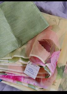 Lemon Yellow Digital Print Organza Saree