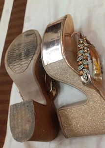 Embellished Rhinestones Metallic Finish Gold Heels
