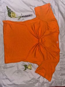 Orange Ribbed Knot-Front Top