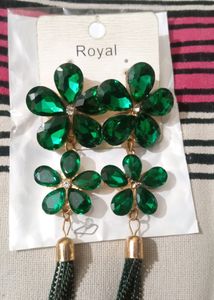 Long Green Stone Earrings With Nail polish