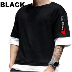 Layered Look Black T-Shirt with White Sleeve Detai